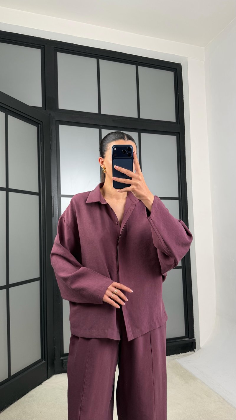 Mürdüm Gömlek Beli Lastikli Pantolon Premium Tencel Kumaş Takım GAUS-01525