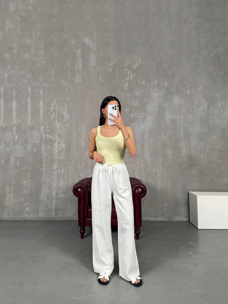 Beyaz Beli Lastikli Yarım Astarlı Keten Pantolon Gaus00237