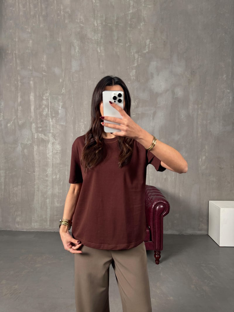 Tifi Kahve Bisiklet Yaka Basic Tshirt