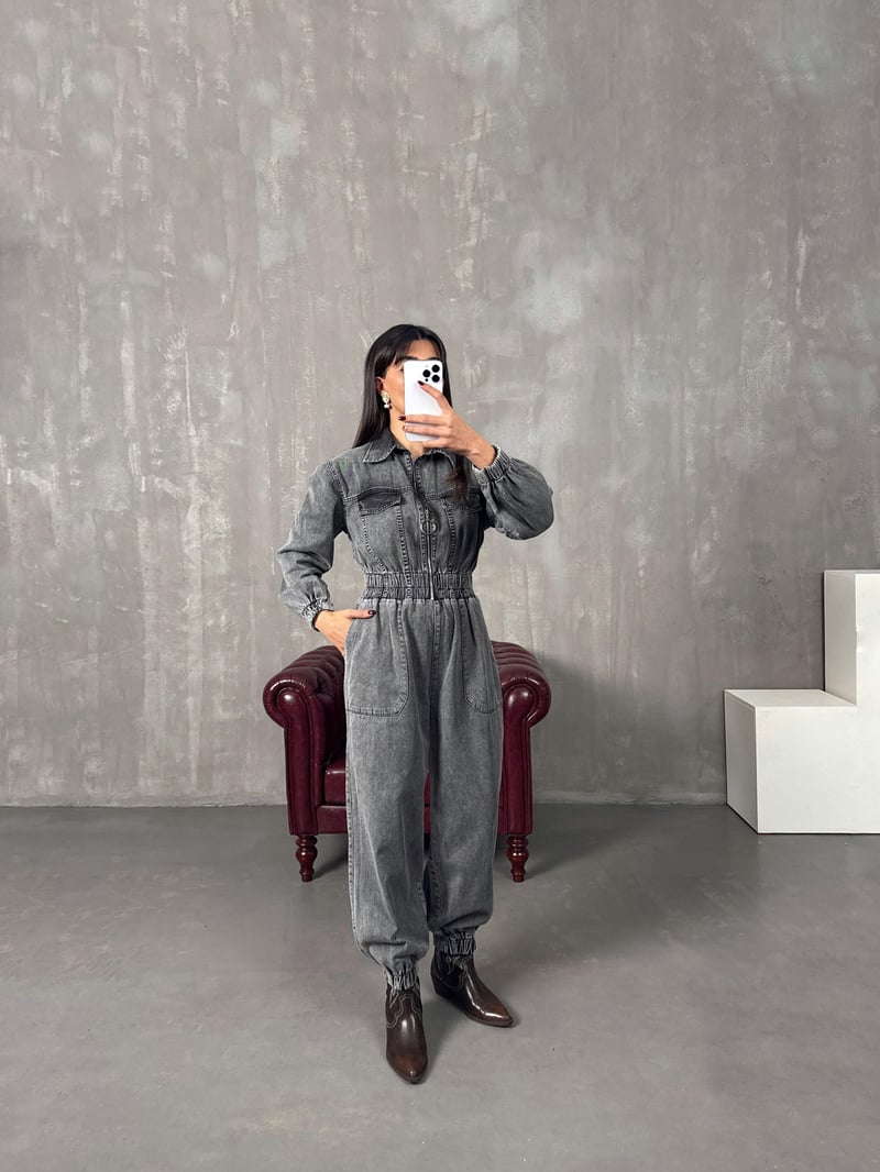 Setre Gri Yıkamalı Önden Fermuarlı Denim Tulum