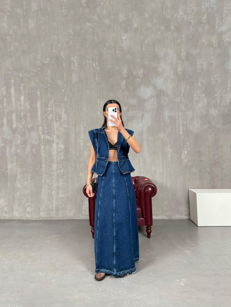 Novat Lacivert Uzun Denim Etek