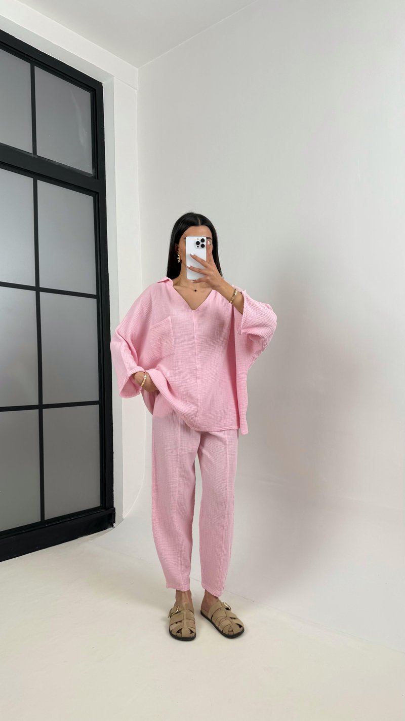 Pembe V Yaka Cepli Gömlek Beli Lastikli Pantolon İkili Müslin Takım MSLN01 Gaus00373