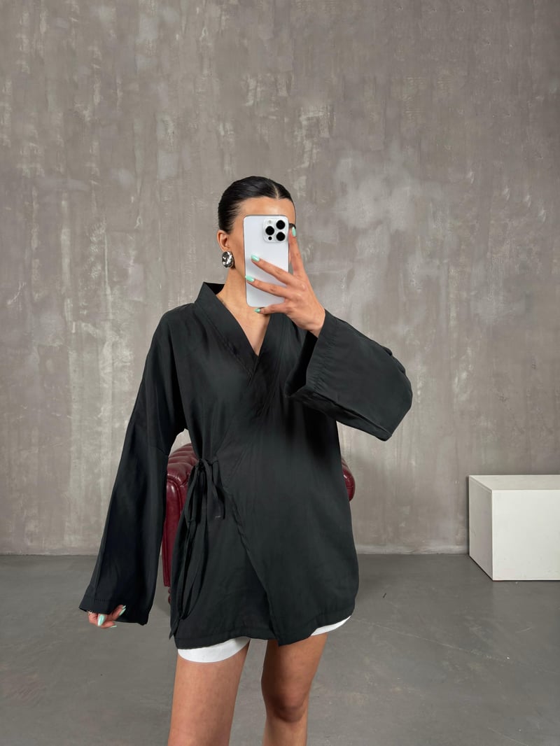 Siyah Önden Bağlamalı Tensel Kimono Gaus00240