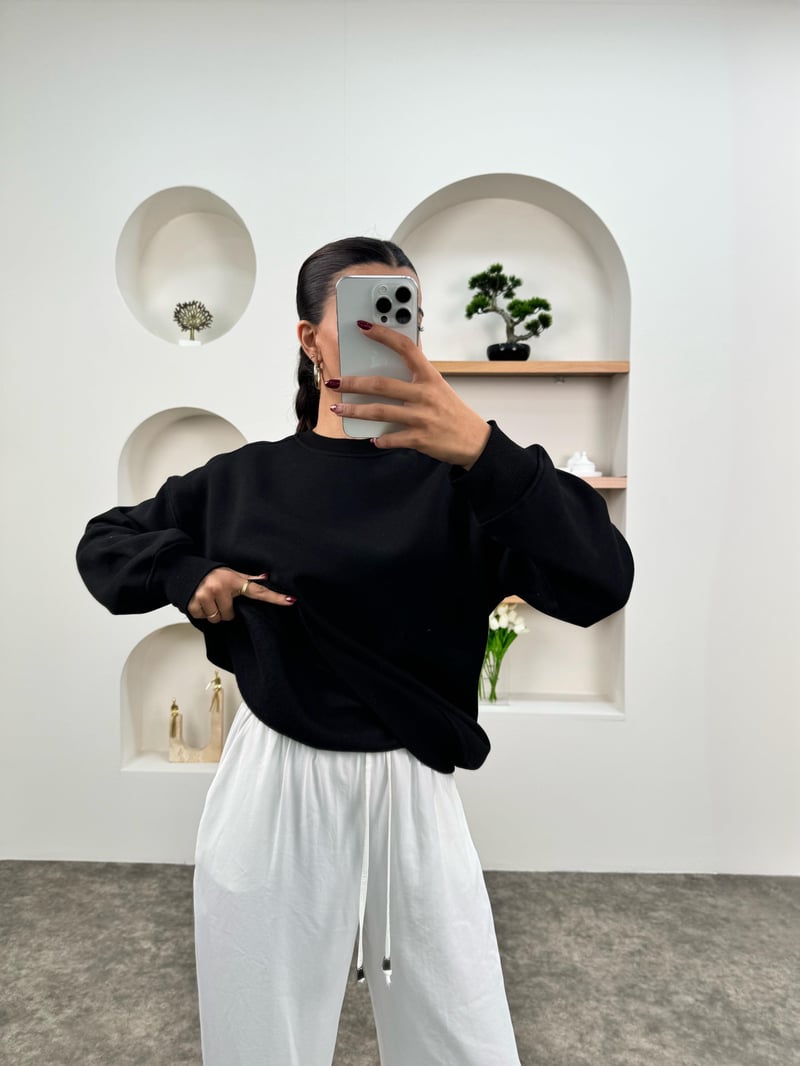 Meksa Siyah Bisiklet Yaka Şardonlu Sweatshirt