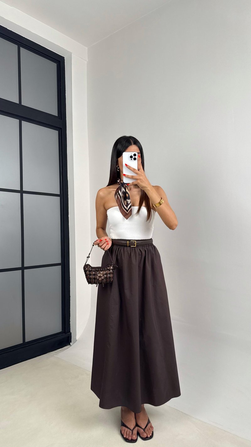 Acı Kahve Beli Lastikli Cepli Poplin Etek GAUS-0041