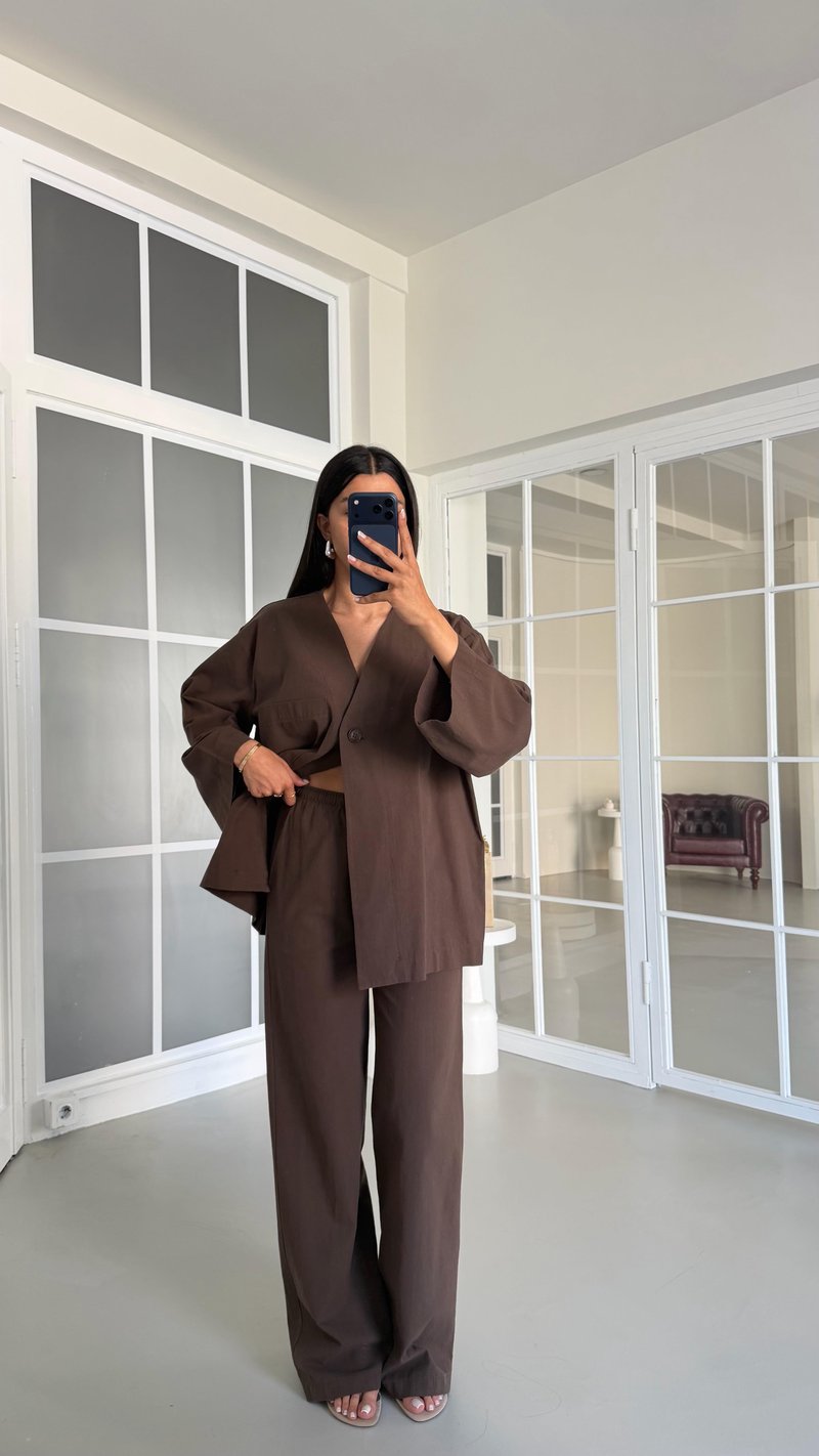 Kahve Kimono Beli Lastikli Pantolon İkili Keten Takım GAUS-01491