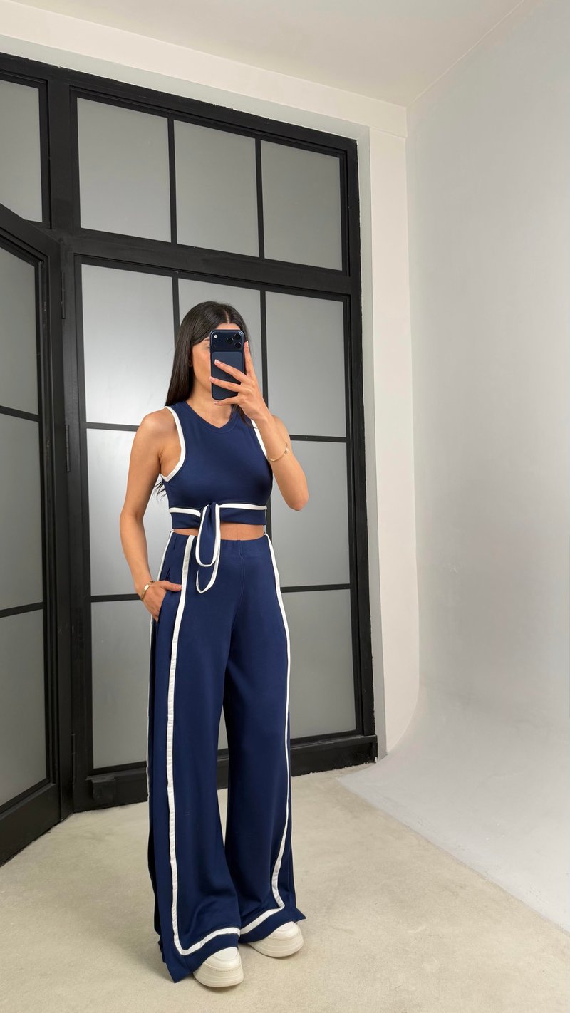 Lacivert Bağlama Detaylı Bluz Beli Lastikli Pantolon Biyeli Modal Takım GAUS-01473