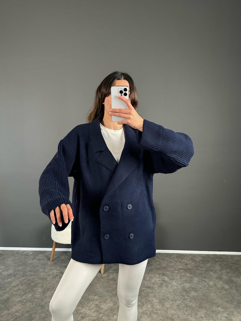Life Lacivert Oversize Düğmeli Premium Hırka