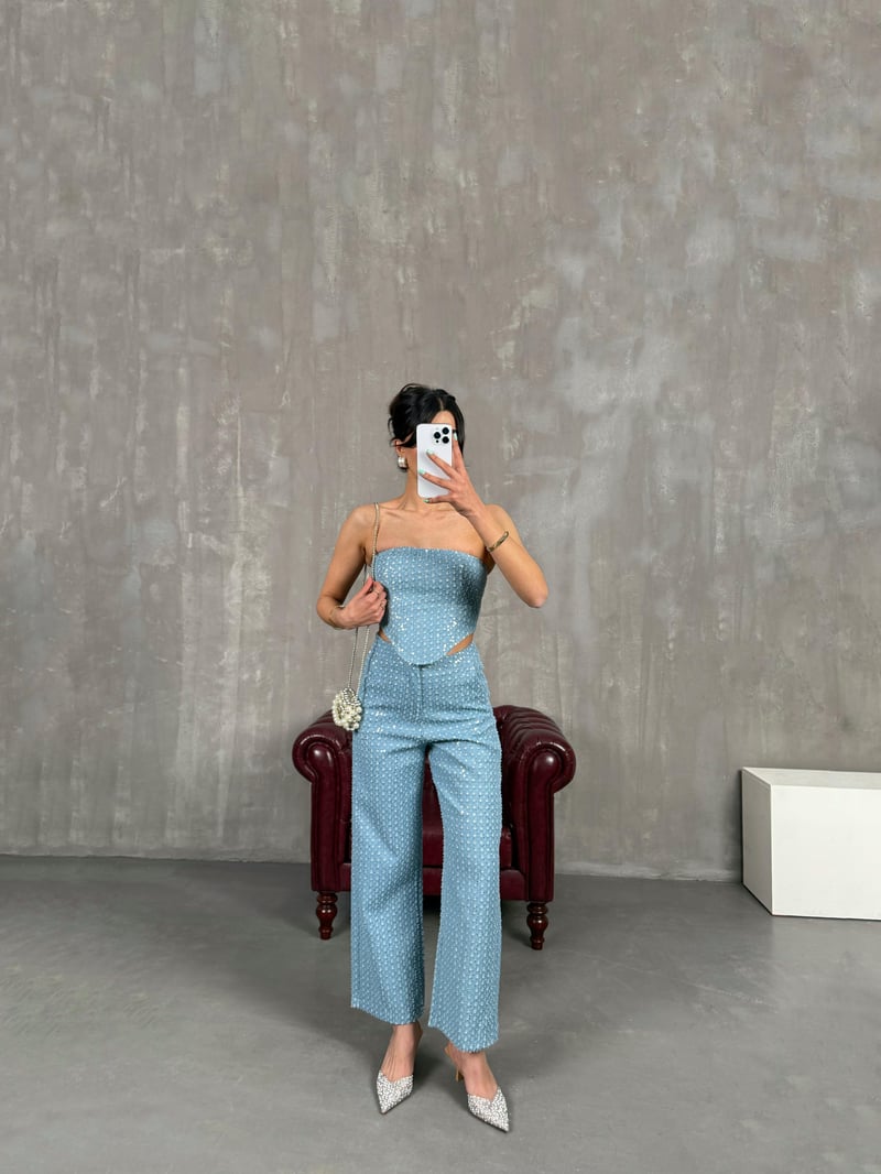 Mavi Pullu Parlak Korseli Denim Takım Gaus00241
