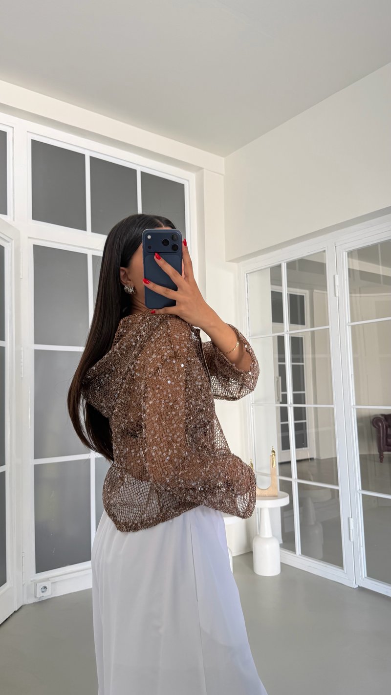 Kahve Kapüşonlu Pullu Hırka GAUS-01837