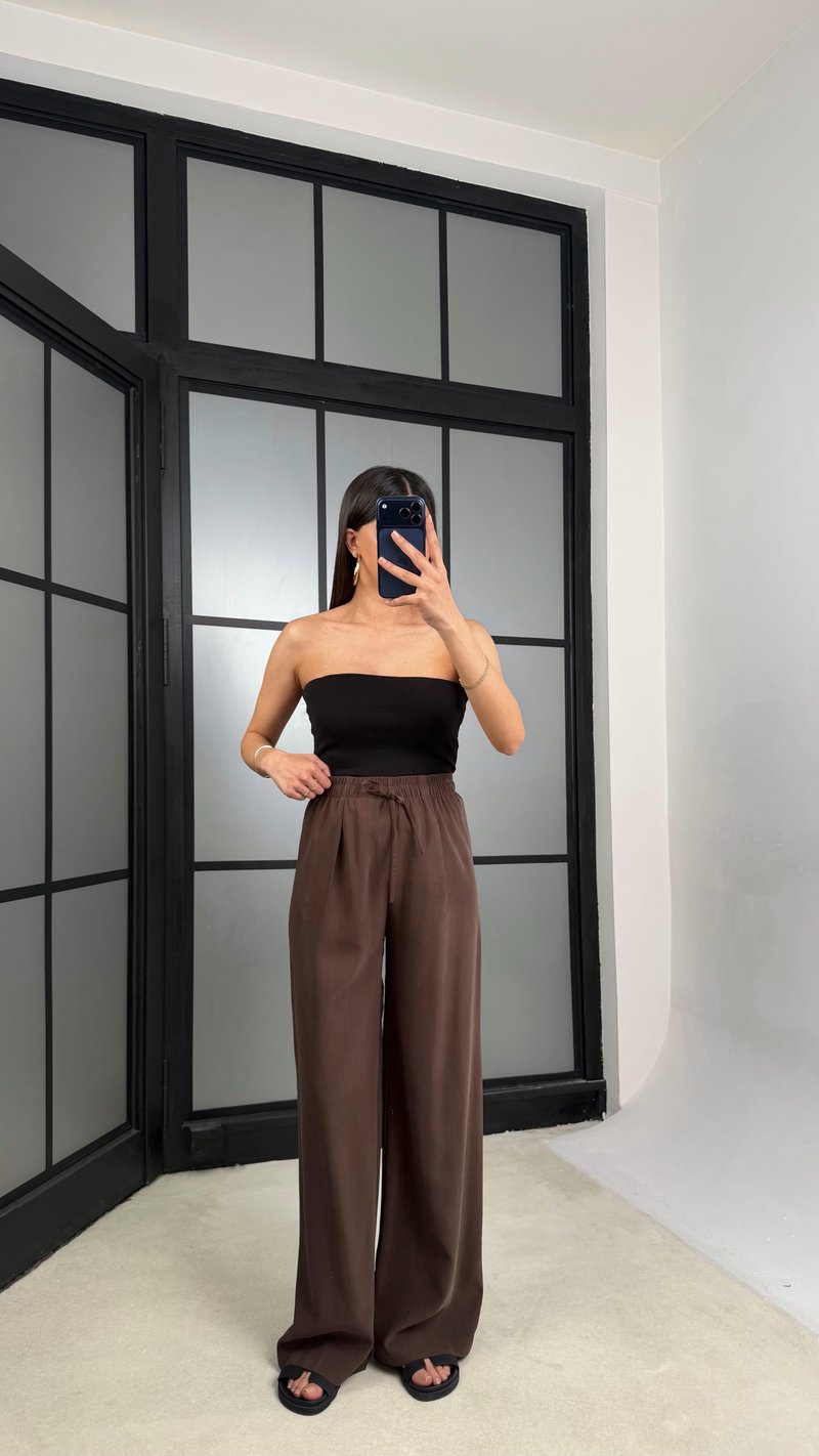 Kahve Beli Lastikli Tencel Pantolon GAUS-01331