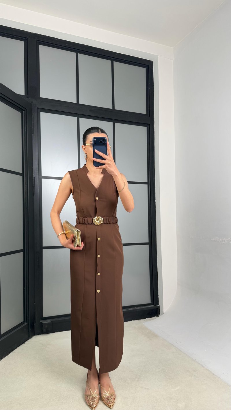 Kahve Kuşaklı Gold Düğme Detaylı Premium Elbise GAUS-01448