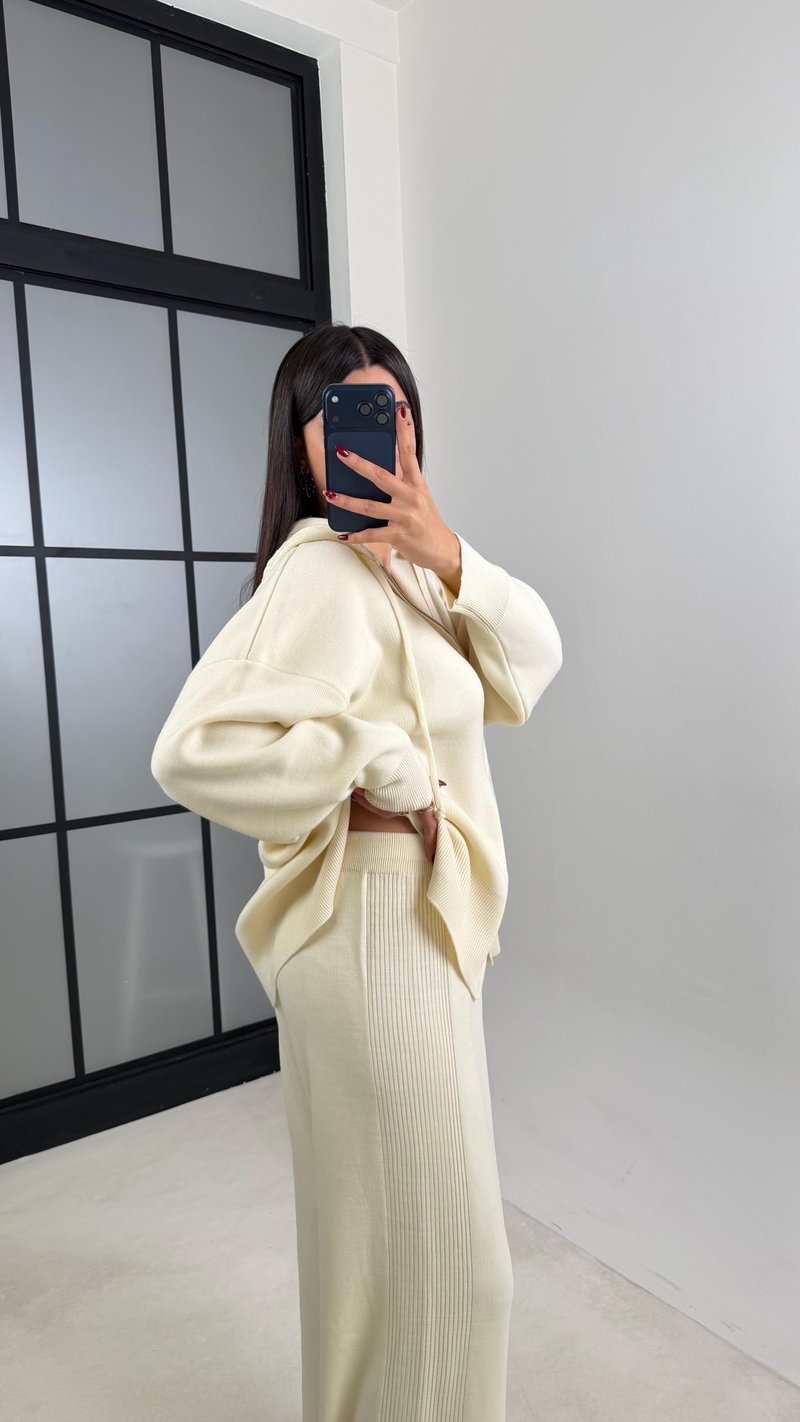 Ekru Çift Fermuarlı Kapüşonlu Hırka Beli Lastikli Pantolon İkili Triko Takım GAUS-00676