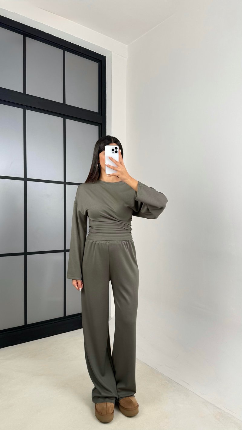 Haki Yarasa Kol Bluz Beli Lastikli Pantolon Tasarım Modal Takım GAUS-00572