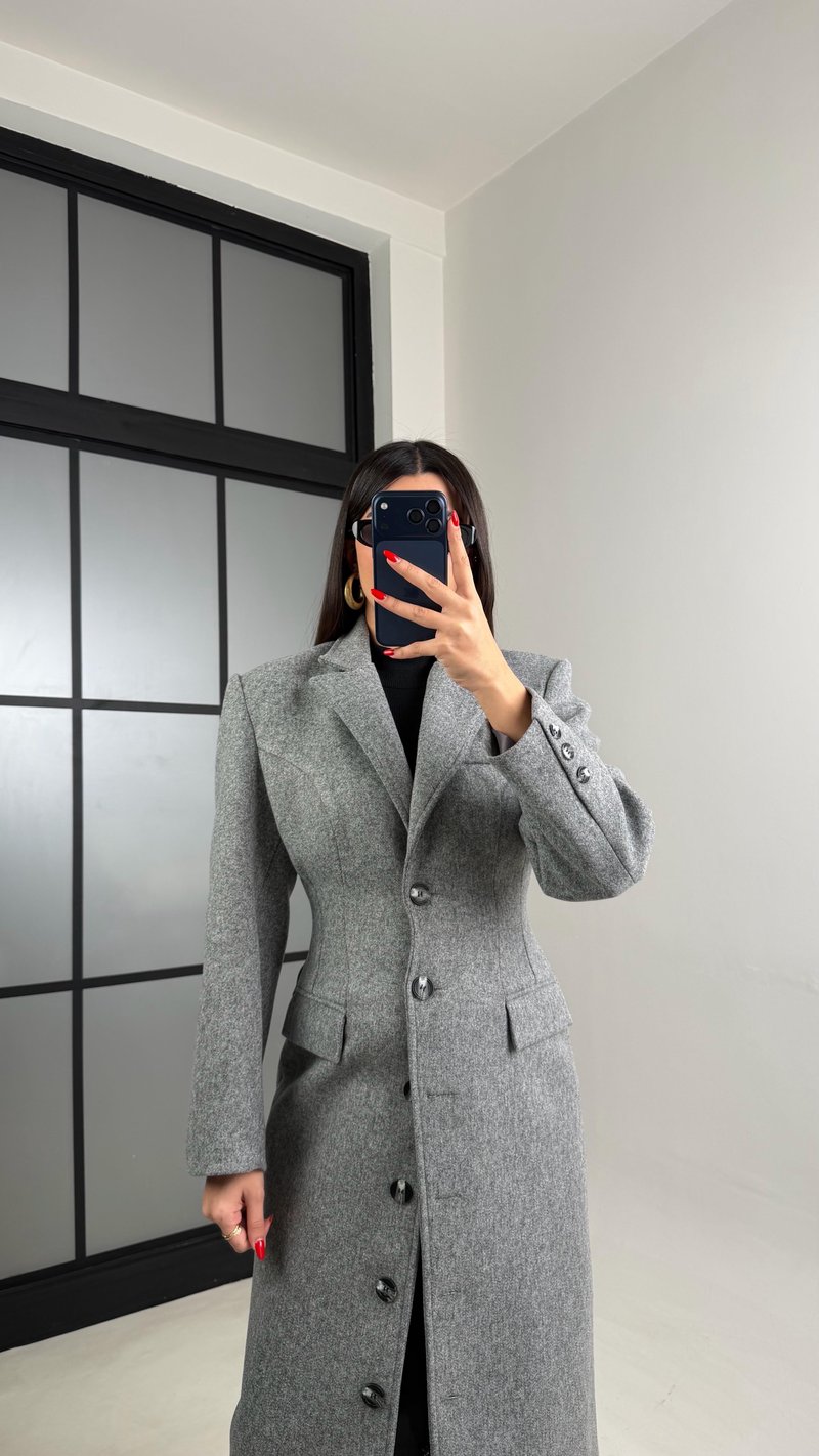 Gri Önü Düğmeli Vatkalı Astarlı Premium Kaşe Kaban Gaus-01030