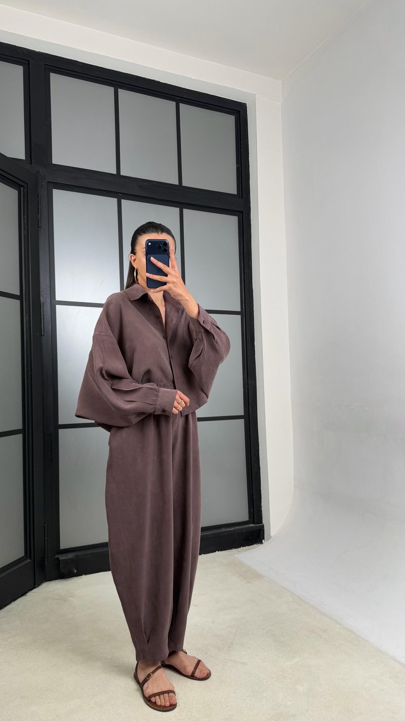Kahve MD Muadil Gömlek Beli Lastikli Şalvar Pantolon Tencel Takım GAUS-01500