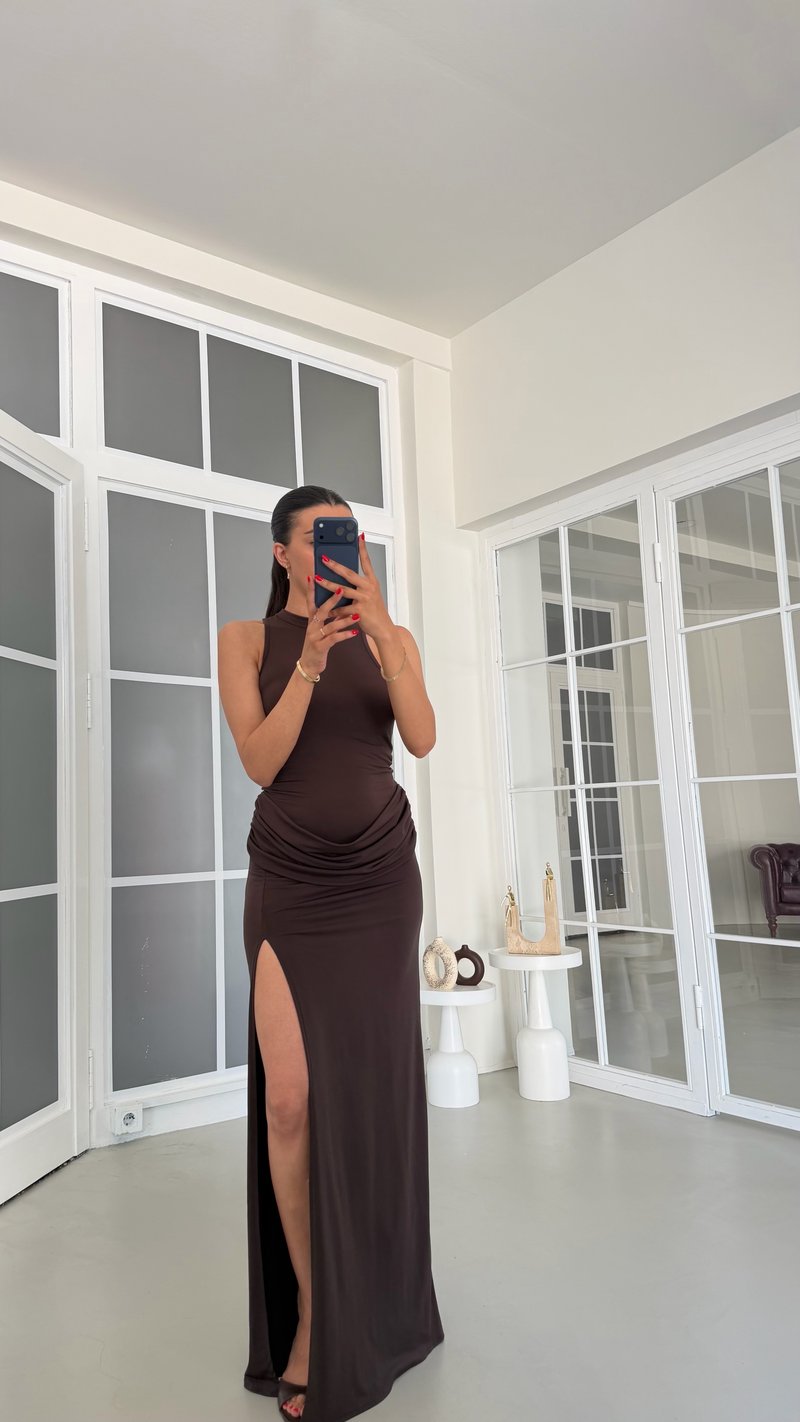 Acı Kahve Drape Detaylı Yırtmaçlı Elbise GAUS-01778