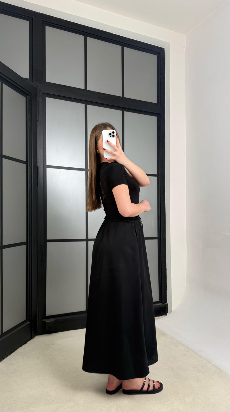 Siyah Kısa Kol Beli Lastikli Basic Elbise GAUS-01258