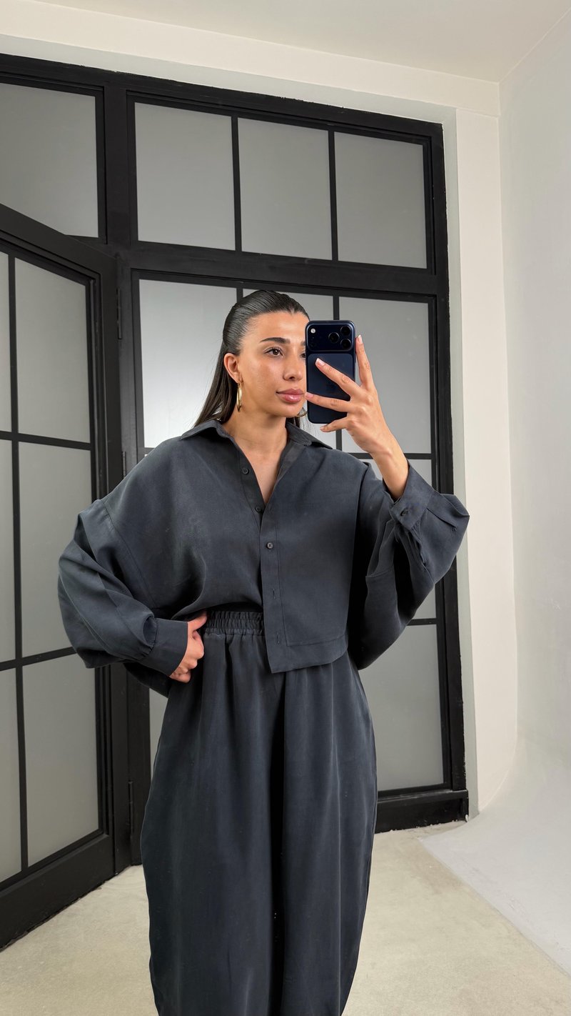 Füme MD Muadil Gömlek Beli Lastikli Şalvar Pantolon Tencel Takım GAUS-01500