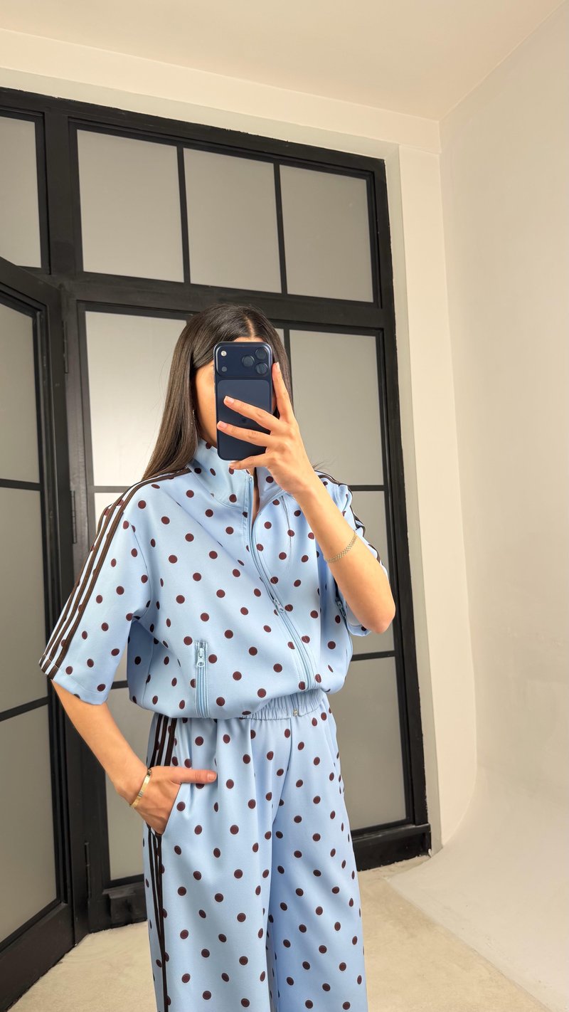 Mavi Ceket Beli Lastikli Pantolon Puantiye Desenli Tasarım Takım GAUS-01432