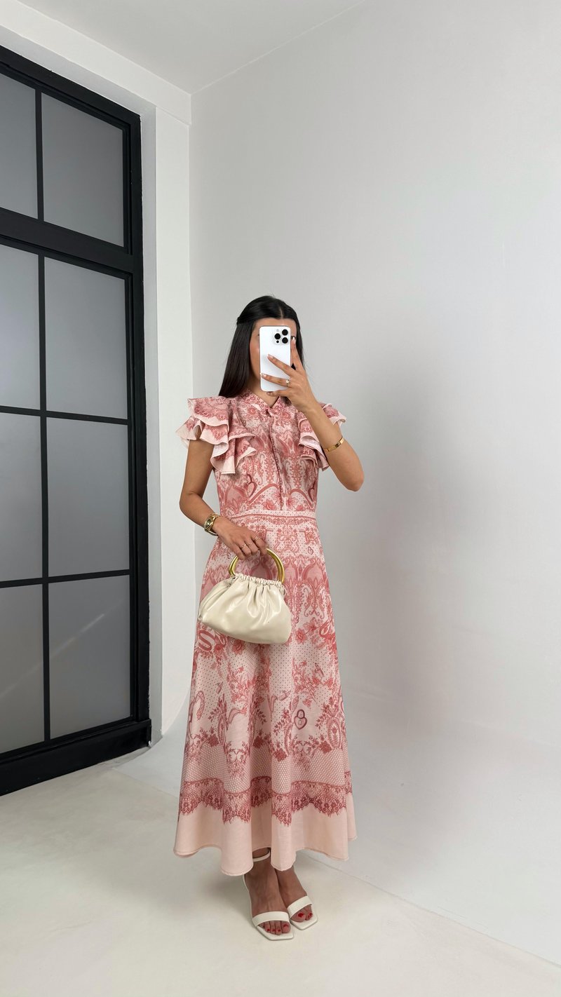 Pembe Floral Desenli Kol Fırfırlı Önü Düğmeli Keten Elbise Gaus00613