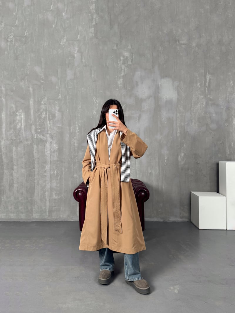 Sindy ZR Camel Muadil Premium Astarsız Kuşaklı Trençkot