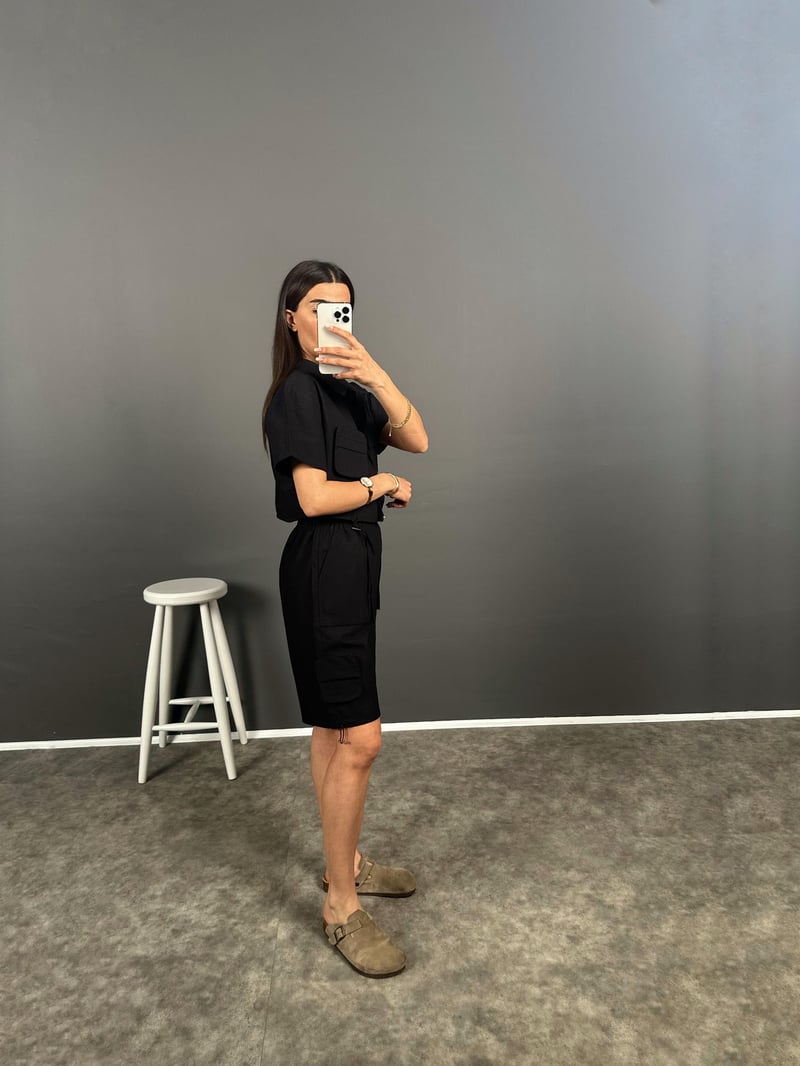 Sophia Siyah Paraşüt Şehir Boy Şortlu İkili Takım