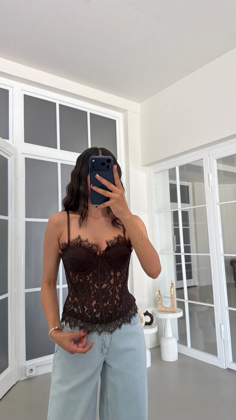 Kahve Dantelli Askılı Sırtı Lastikli Korse GAUS-01923