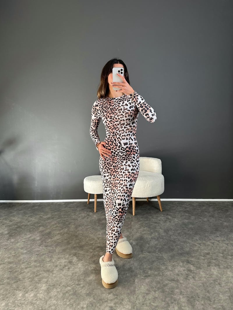 Leoparlı Desenli Maxi Elbise 