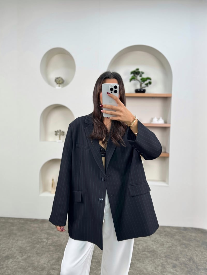 Anna Lacivert Çizgili Astarlı Blazer Ceket