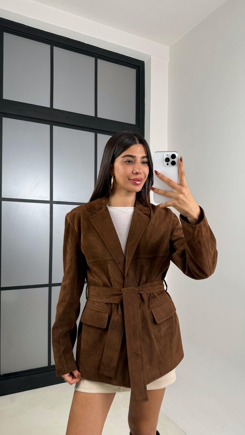 Kahve Astarlı Cep Detaylı Kuşaklı Süet Ceket GAUS-00168