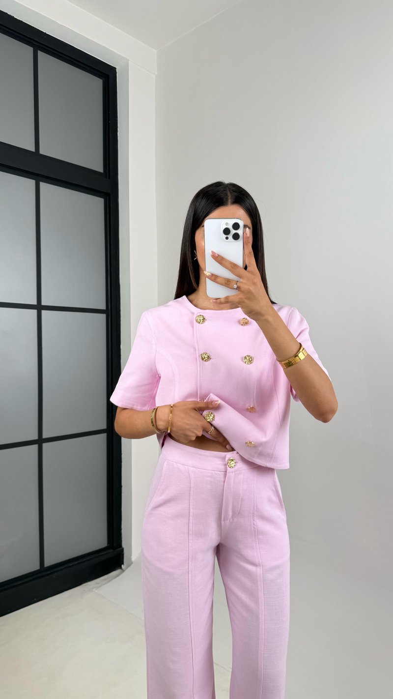 Pembe Önü Düğmeli Astarlı Yelek Cepli Pantolon İkili Keten Takım Gaus00670