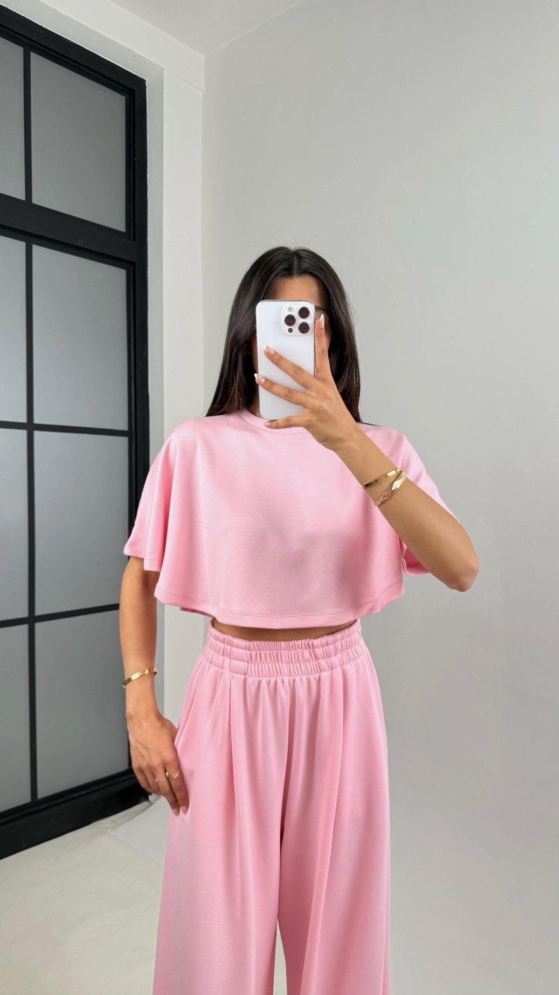 Pembe Crop Beli Lastikli Palazzo Eşofman İkili Modal Kumaş Takım GAUS-01219