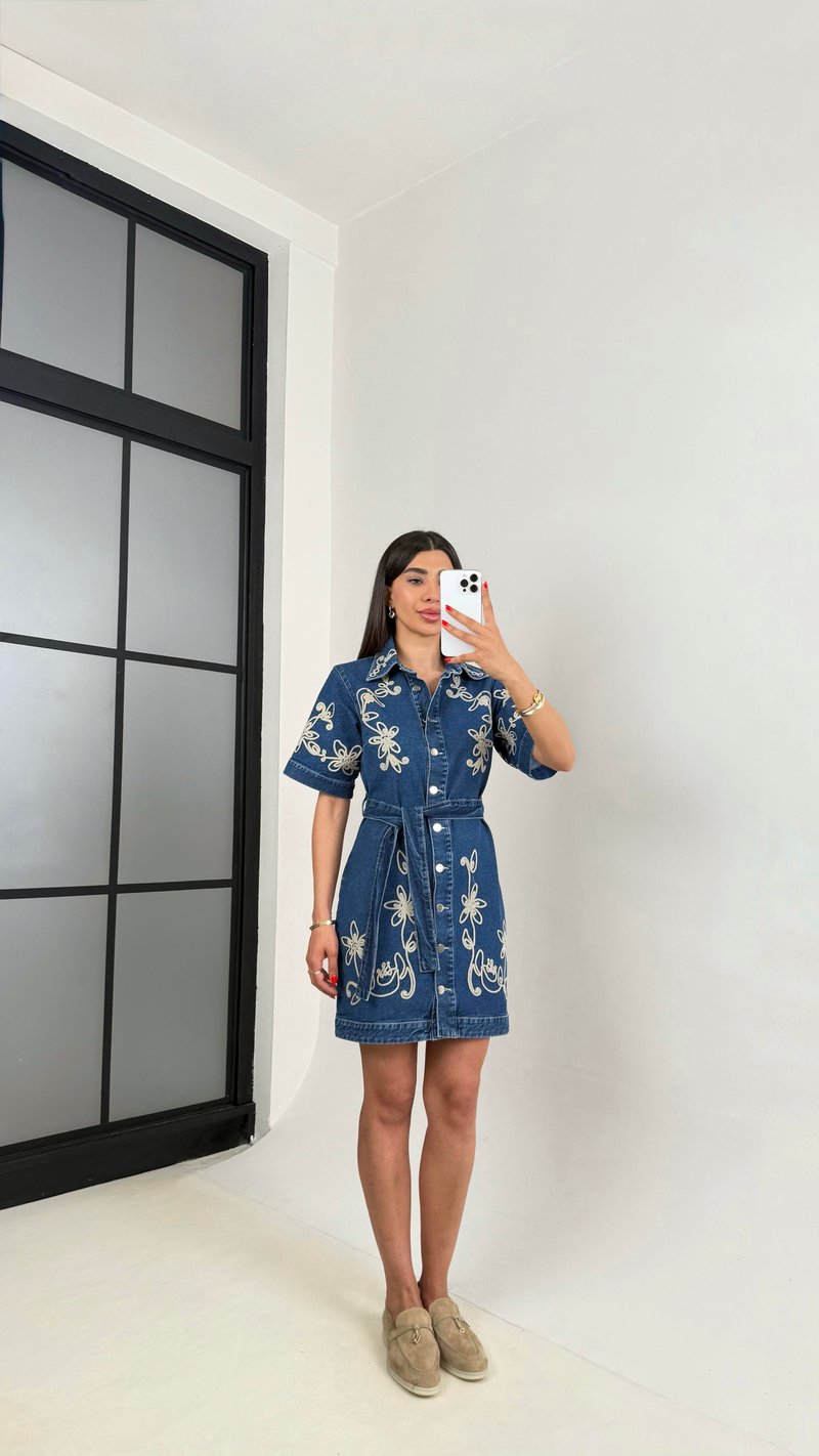 Lacivert Nakışlı Kuşaklı Tasarım Denim Elbise Gaus00470