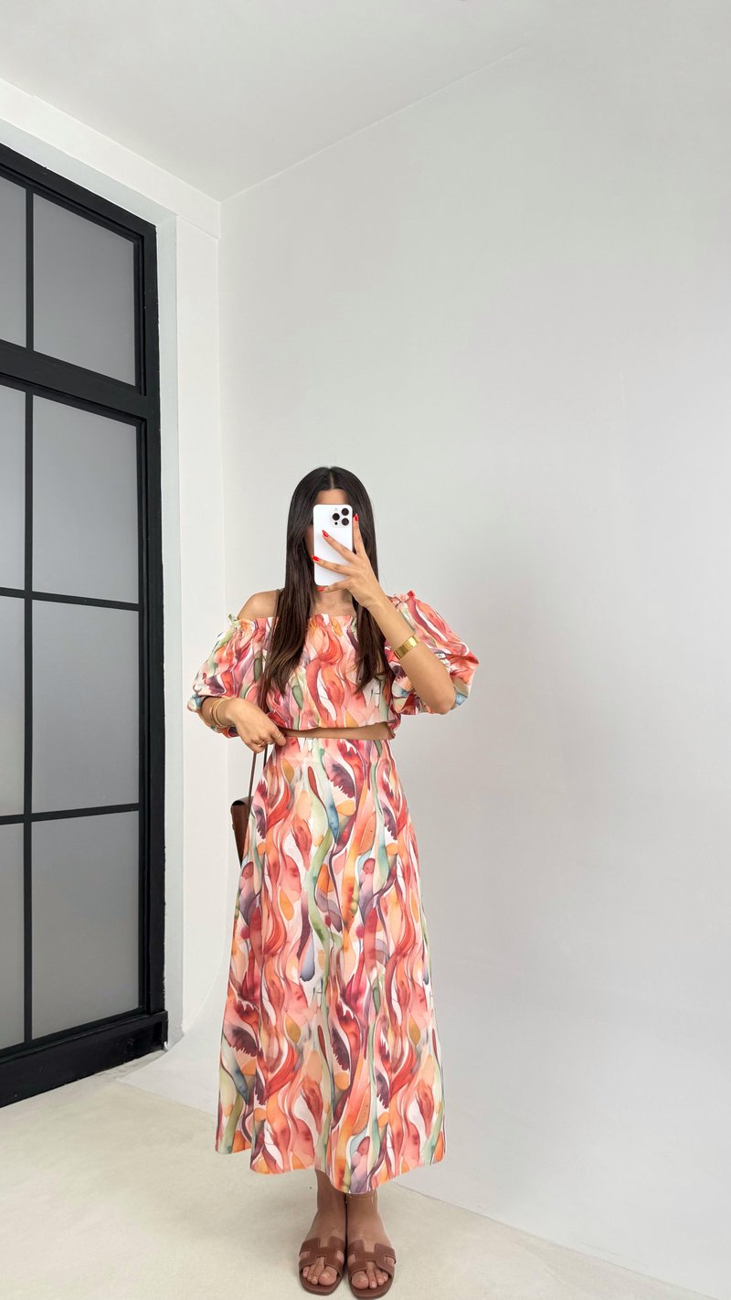 Pembe Desenli Balon Kol Crop Etek İkili Keten Takım GAUS-0055