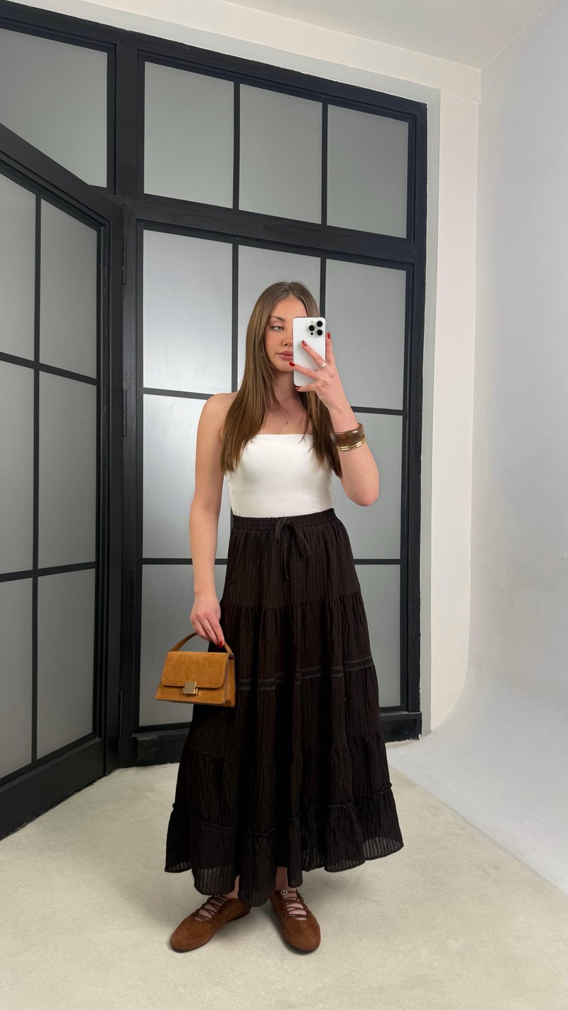 Acı Kahve Beli Lastikli Nakış Detaylı Astarlı Etek GAUS-01242