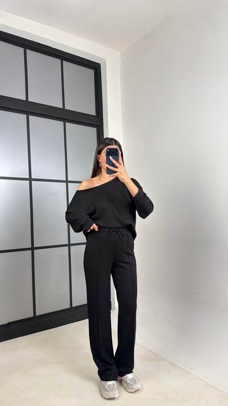Siyah Asimetrik Yaka Beli Lastikli Çımalı Pantolon Modal Kumaş Takım GAUS-00629