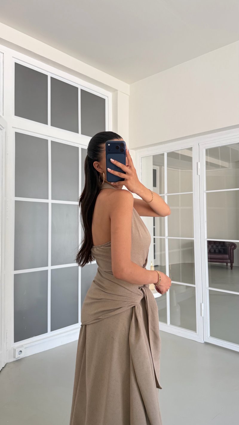 Vizon Halter Yaka Bağlama Detaylı Premium Keten Elbise GAUS-01672