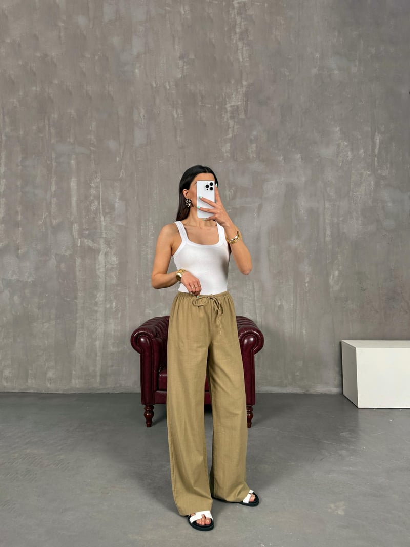 Haki Beli Lastikli Keten Pantolon Gaus00237