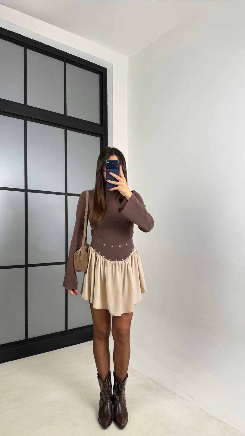 Kahve Zımba Detaylı Pileli Elbise GAUS-00734