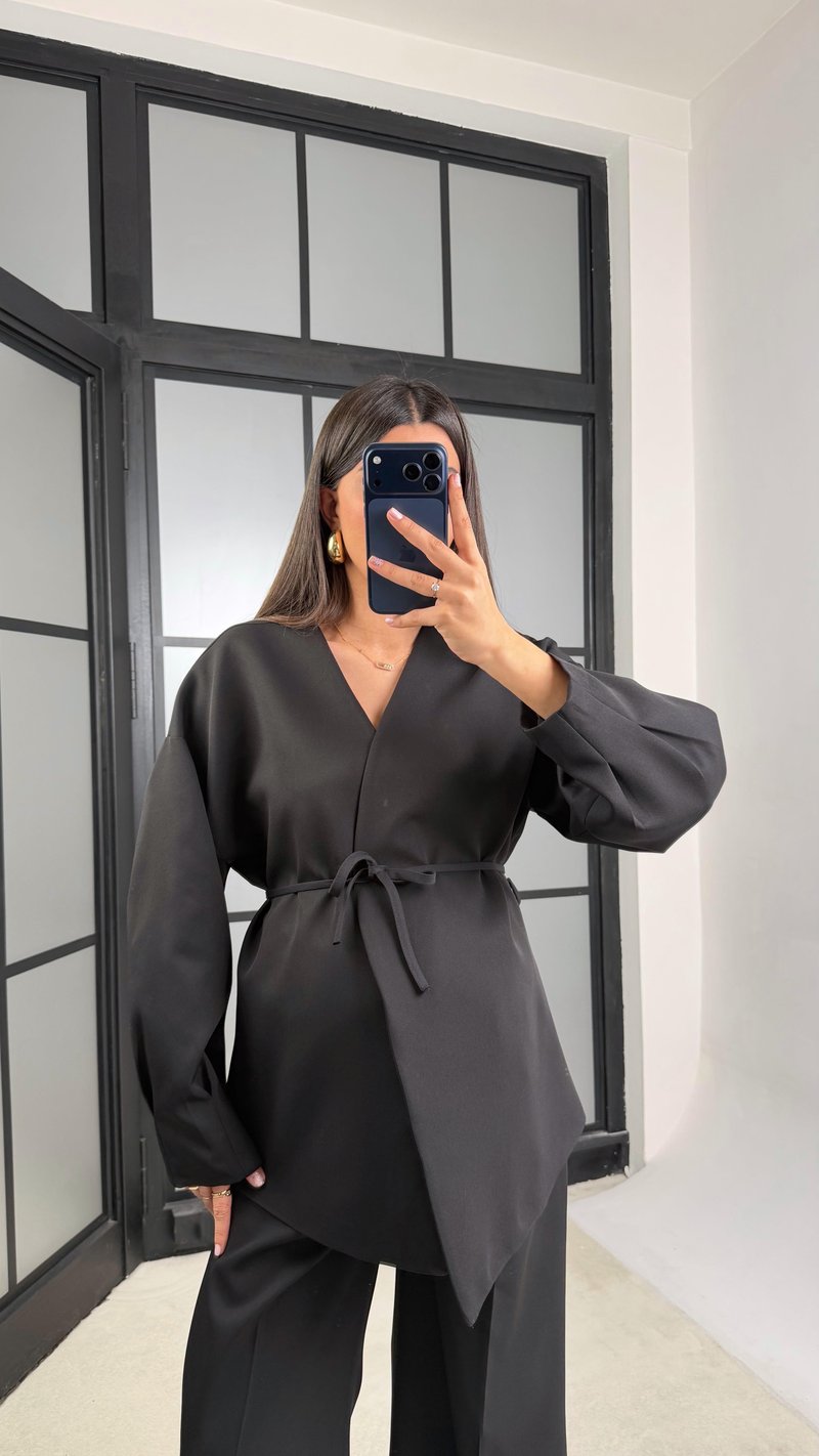 Siyah Belden Kuşaklı Ceket Beli Lastikli Pantolon İkili Takım GAUS-01206