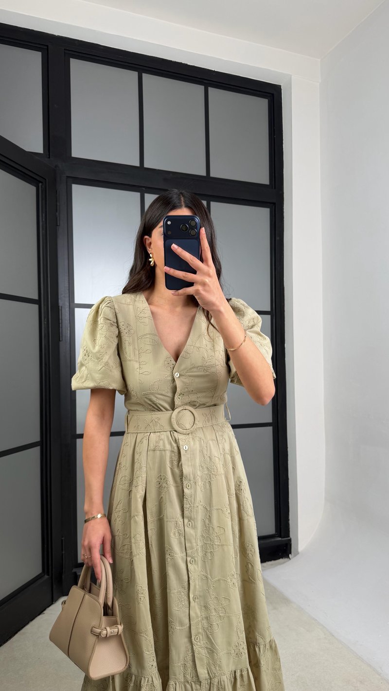 Yeşil Çiçek Nakışlı Kemerli Pinterest Elbise GAUS-01342