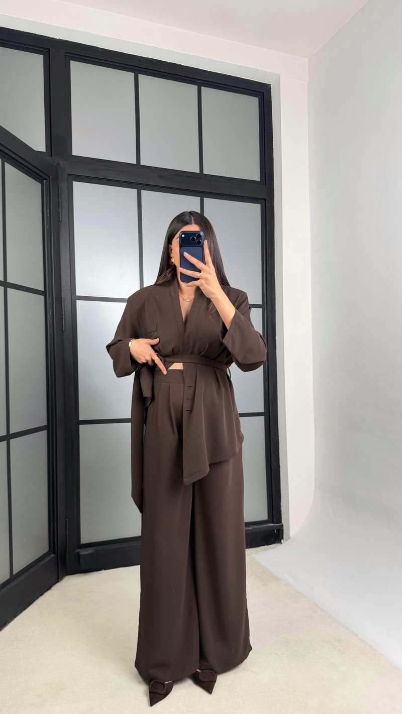 Acı Kahve Vatkalı Düğme Detaylı Belden Kuşaklı Ceket Beli Lastikli Pantolon Tencel Takım GAUS-01195