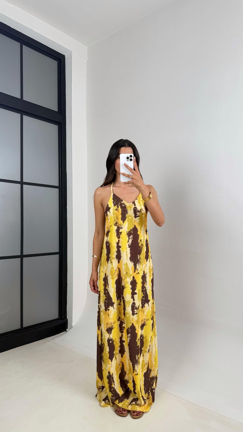 Sarı Kahve Desenli Askılı Tencel Elbise Gaus00654