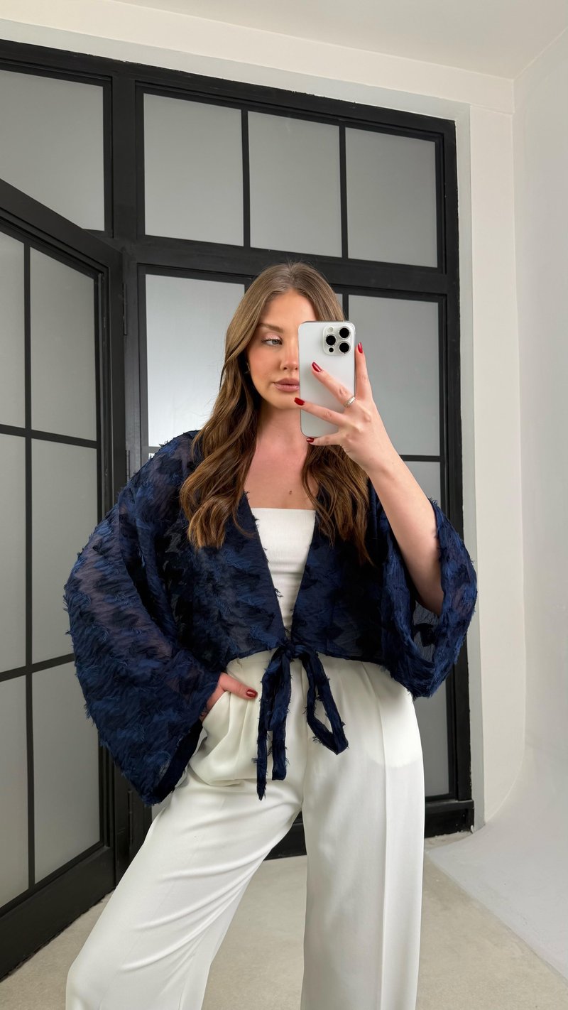 Lacivert Püsküllü Bağlama Detaylı Kimono GAUS-01277