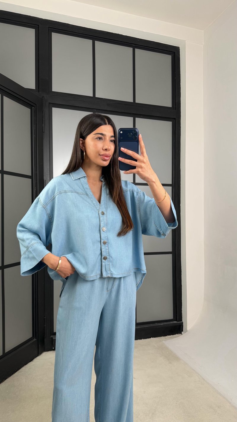 Mavi Yarasa Kol Gömlek Beli Lastikli Pantolon Tencel Takım GAUS-01444