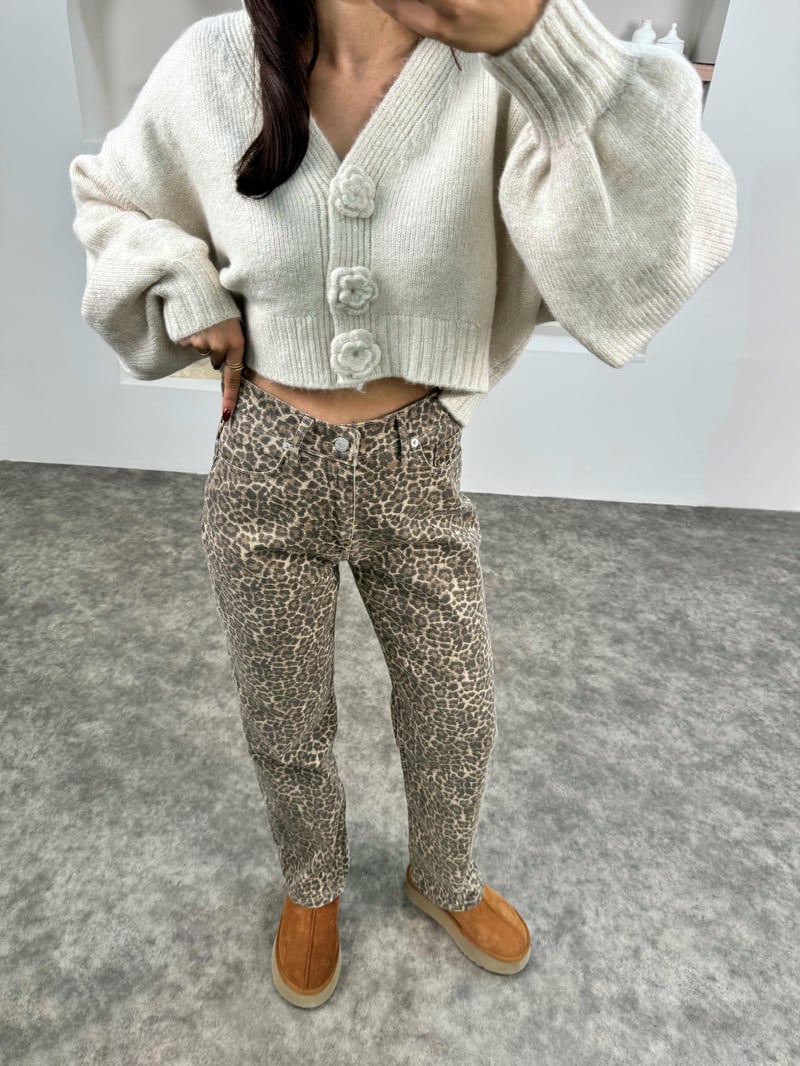 Erva Leopar Desenli Denim Pantolon