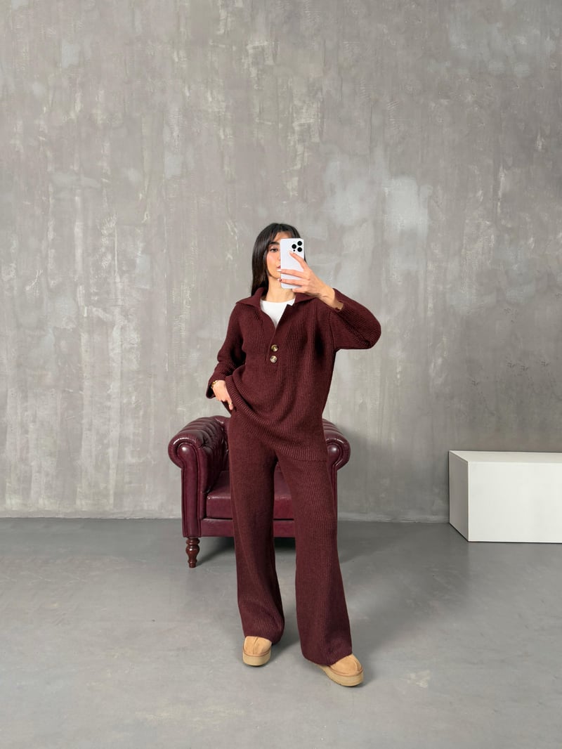Sise Bordo Polo Yaka Fitilli Triko Takım