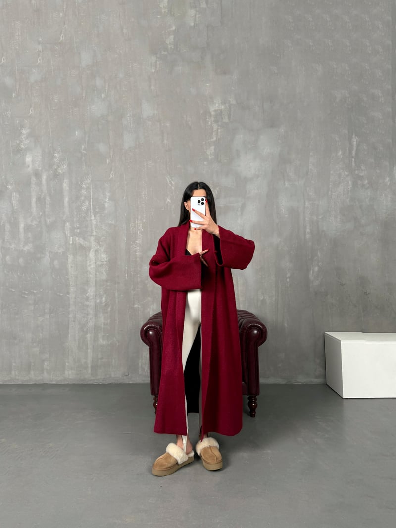 Algis Bordo Oversize Uzun Hırka