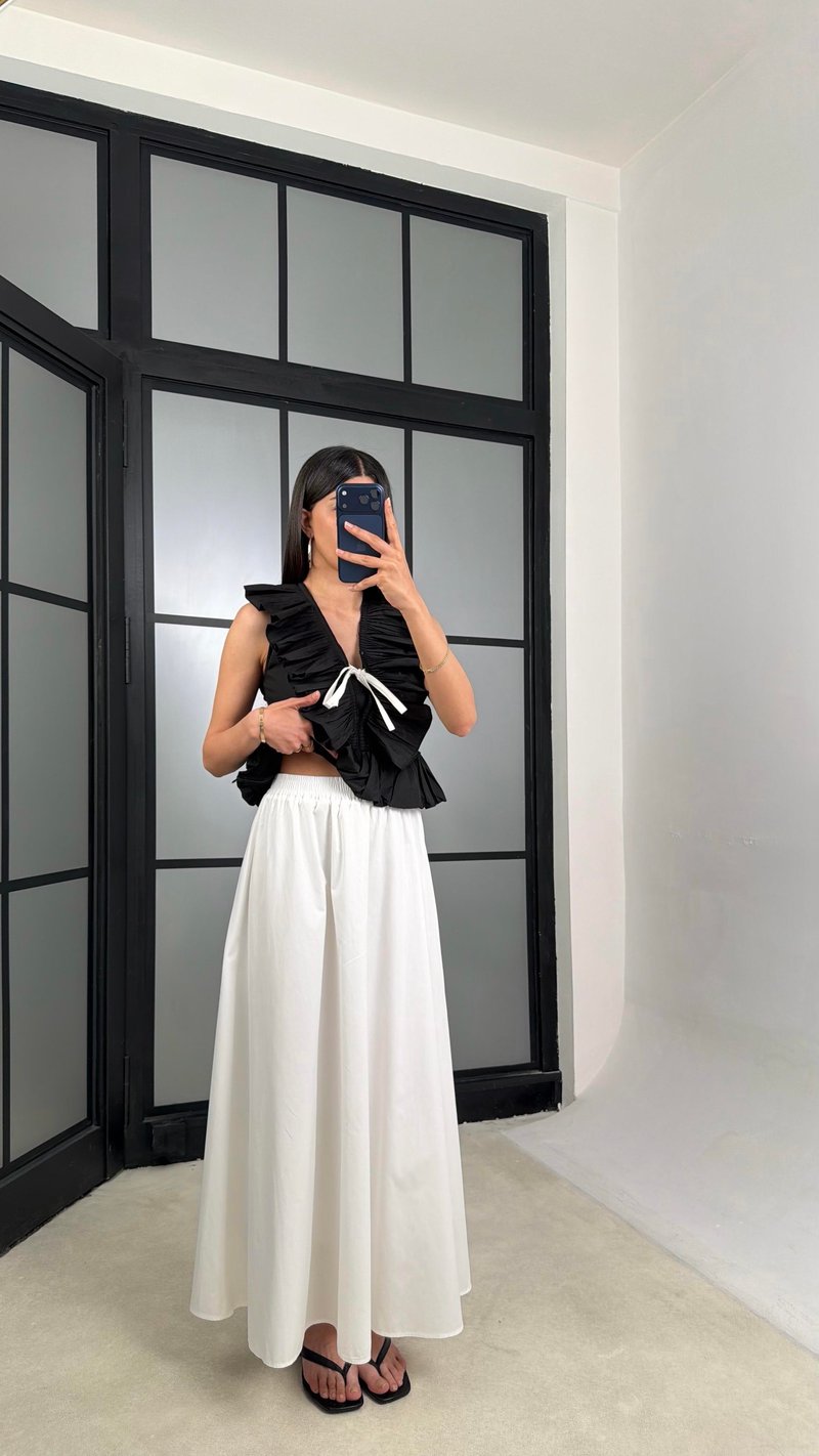 Beyaz Beli Lastikli Poplin Etek GAUS-01526